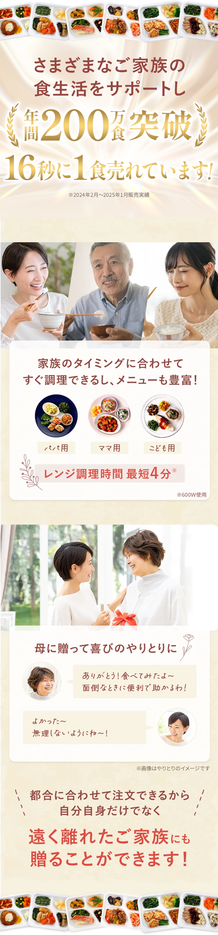 さまざまなご家族の食生活をサポートし おかげさまで年間200万食突破 16秒に1食売れています!